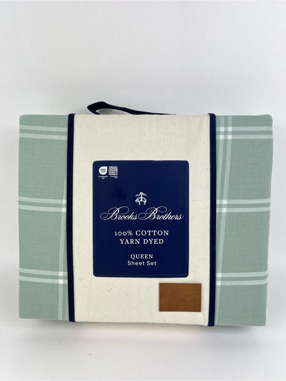 Brooks Brothers Queen Sheet Set Sage Green White Plaid 100% Cotton 4 Pc NEW